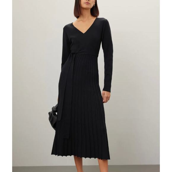 Area Stars Black Fit Flare Knit Midi Wrap Dress XS Pleated Career Designer $175 - Picture 1 of 10